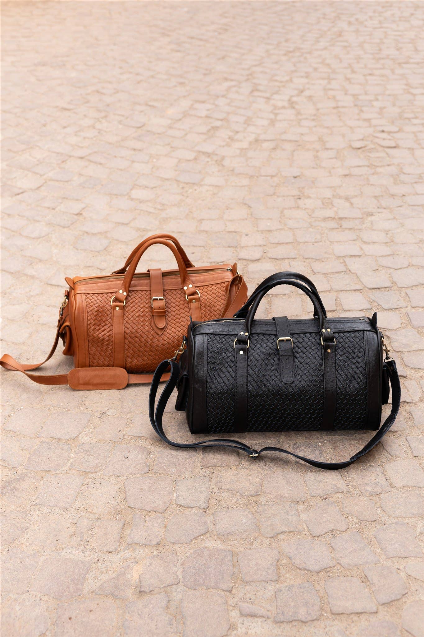 Woven Leather Weekender Duffel Bag