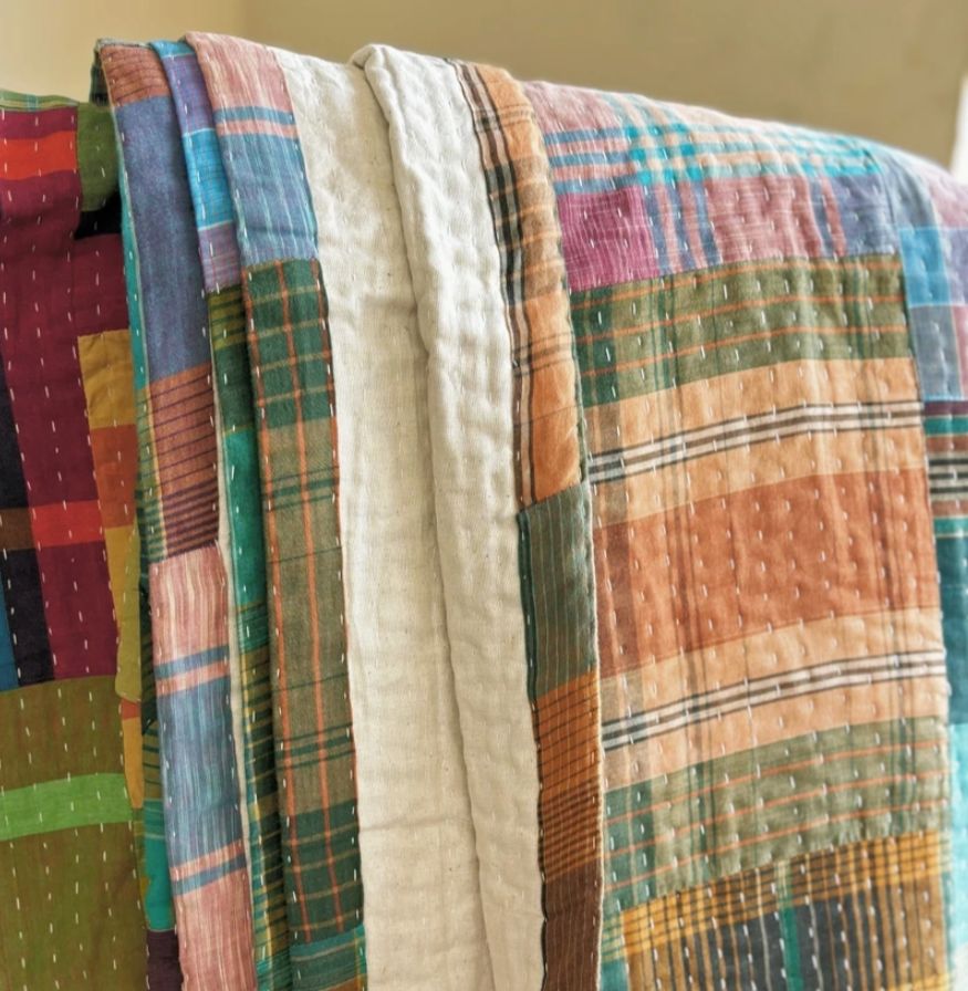Recycled Patchwork Plaid Blanket & Unbleached Cotton