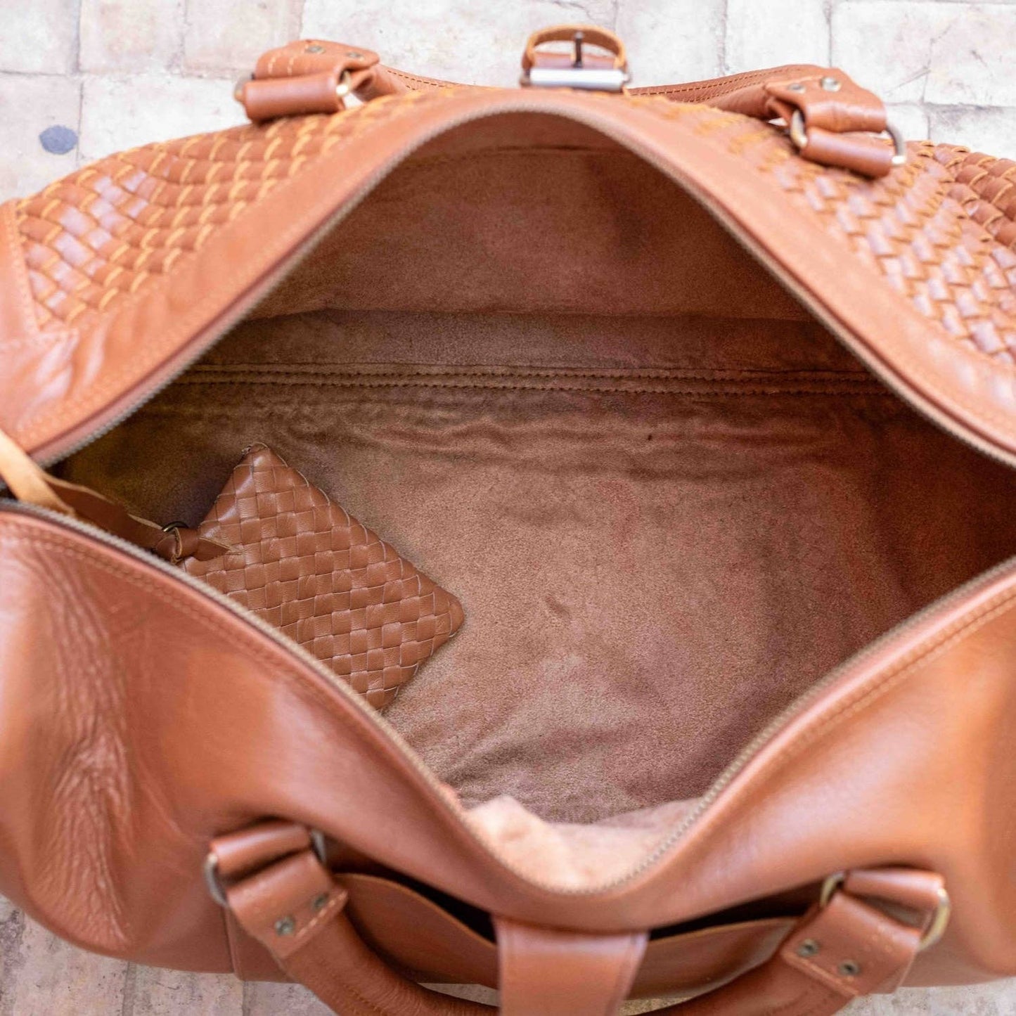 Woven Leather Weekender Duffel Bag