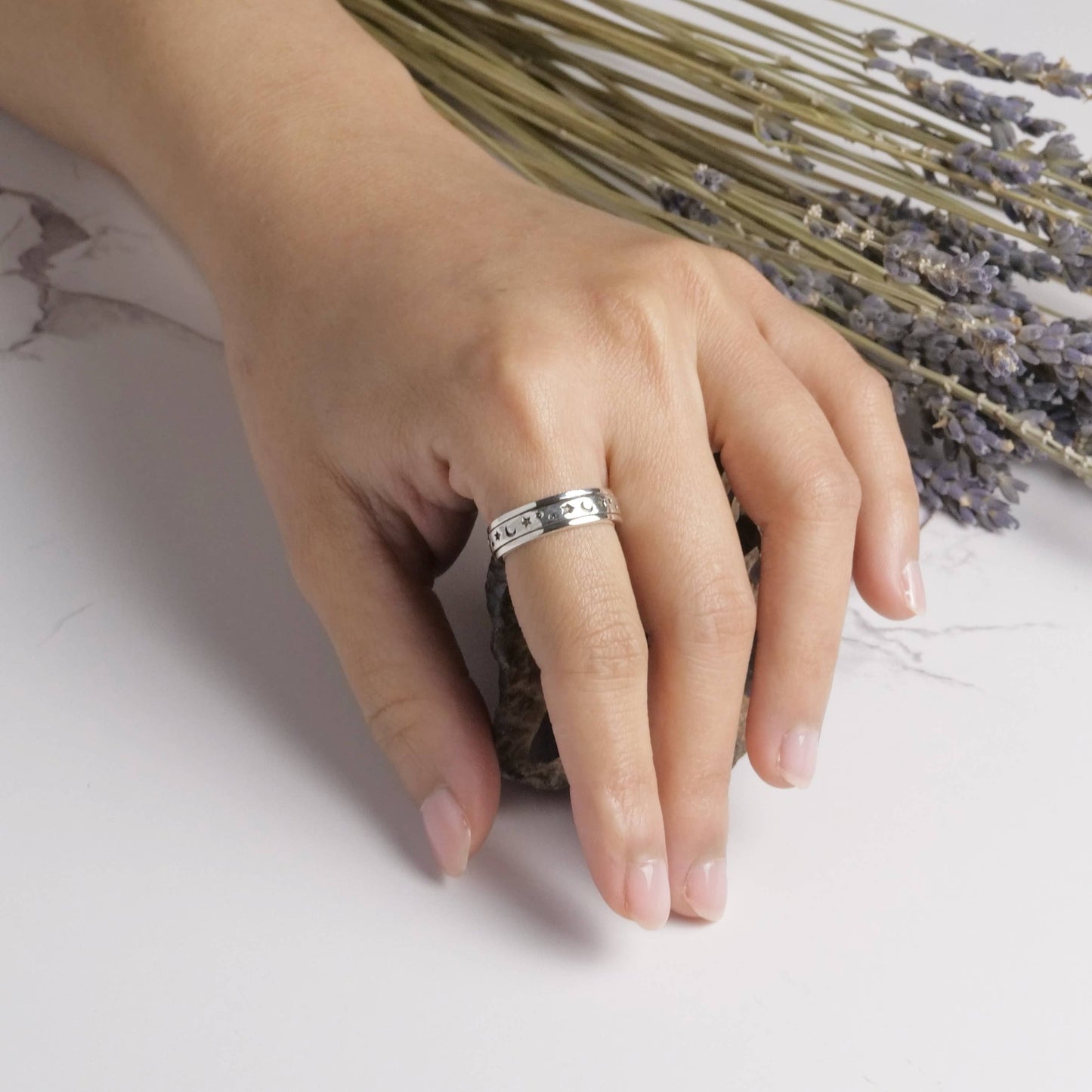 Sterling Silver Star & Moon Spinner Ring