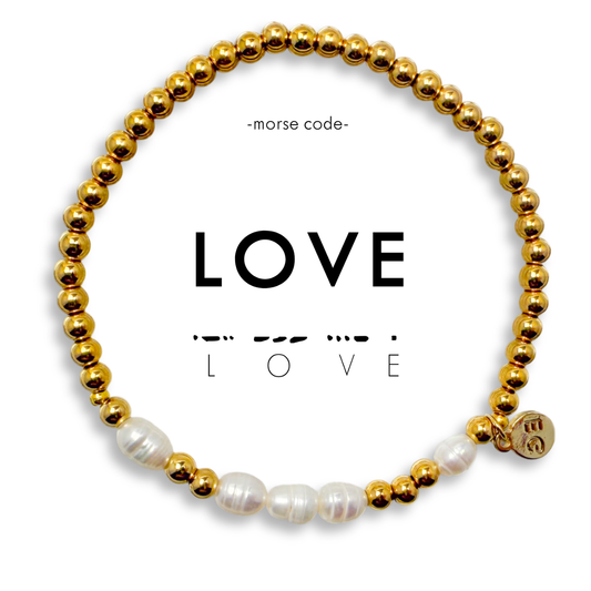 Morse Code Pearl & Gold Waterproof Beaded Bracelet | LOVE