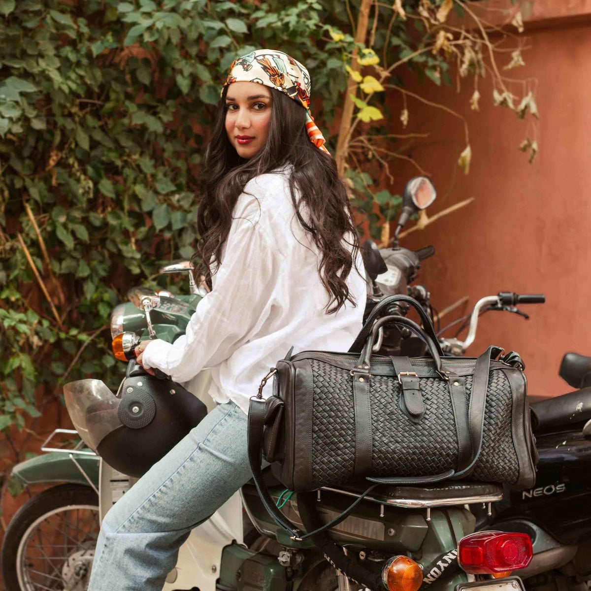 Woven Leather Weekender Duffel Bag