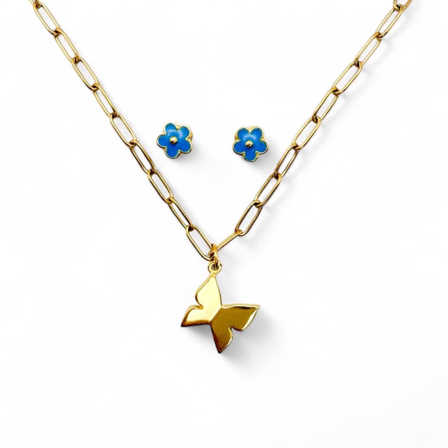 BUTTERFLY & BLUE FLOWERS Kids Necklace & Earrings Set