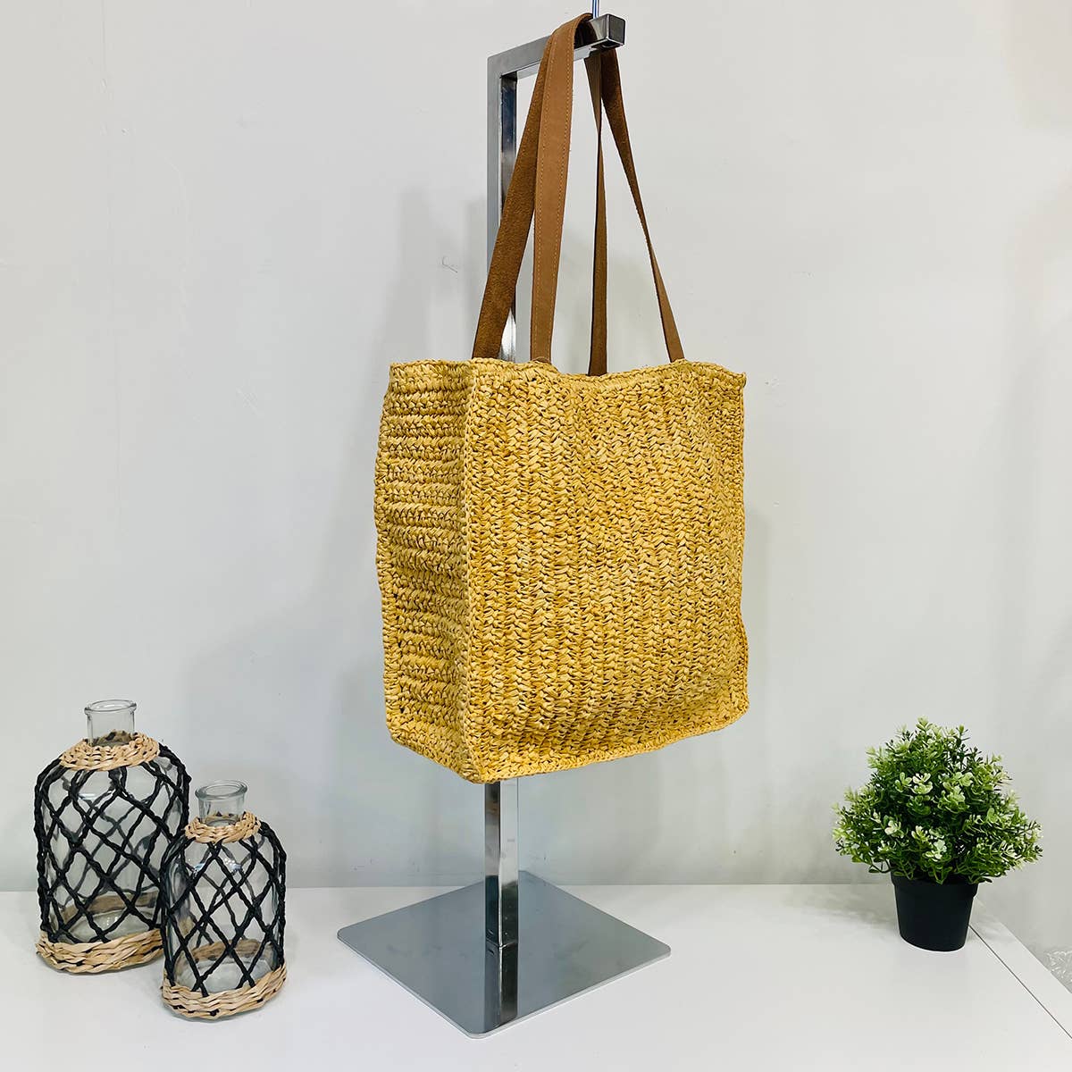 Large Raffia Box Tote with Leather Handles