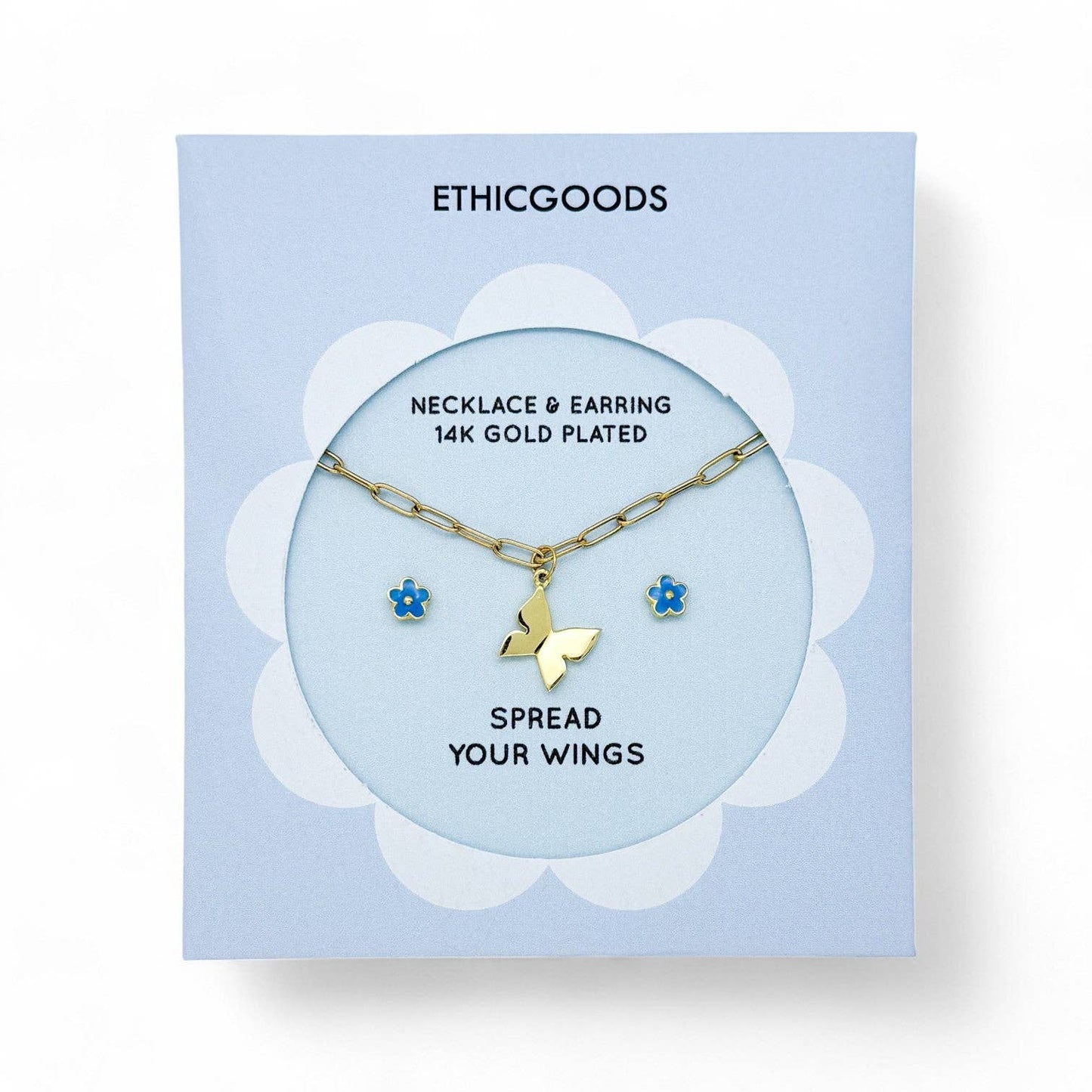 BUTTERFLY & BLUE FLOWERS Kids Necklace & Earrings Set