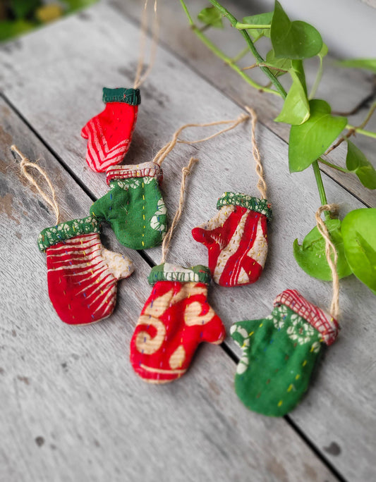 Mini Kantha Mitten Christmas Ornament