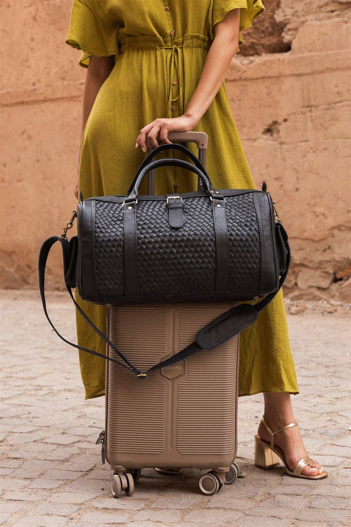 Woven Leather Weekender Duffel Bag