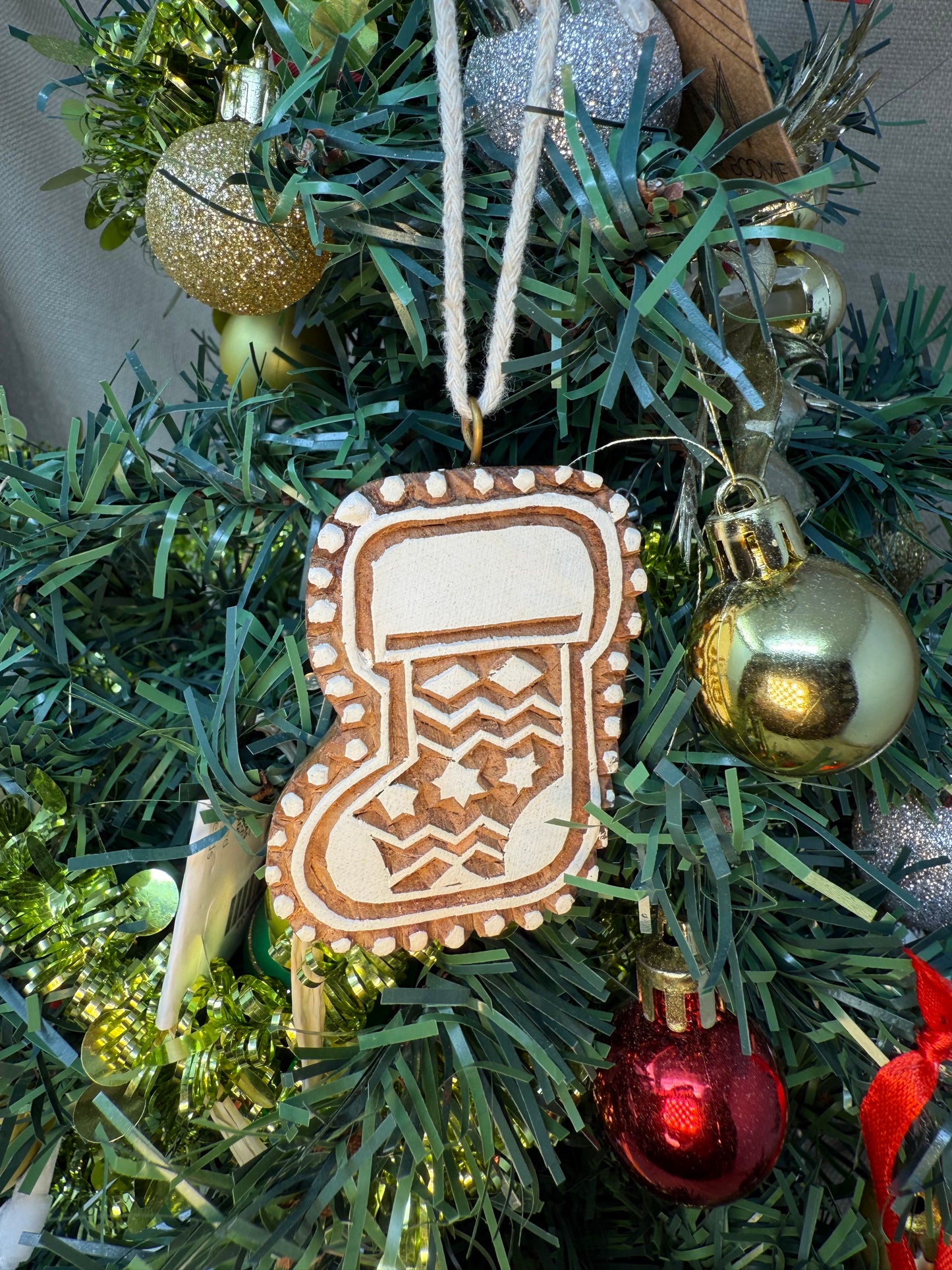 Hand-carved Tiny Stocking Ornament