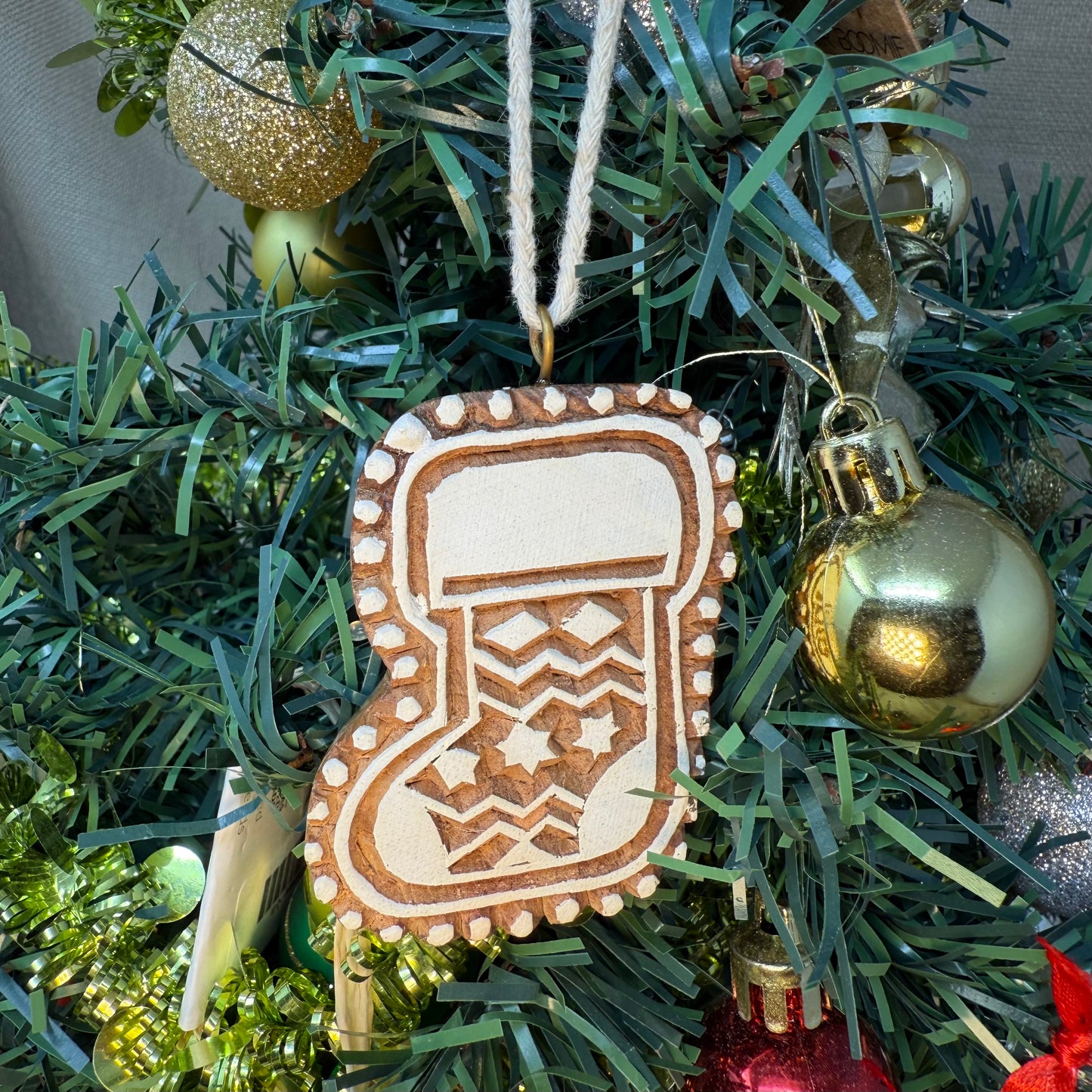 Hand-carved Tiny Stocking Ornament