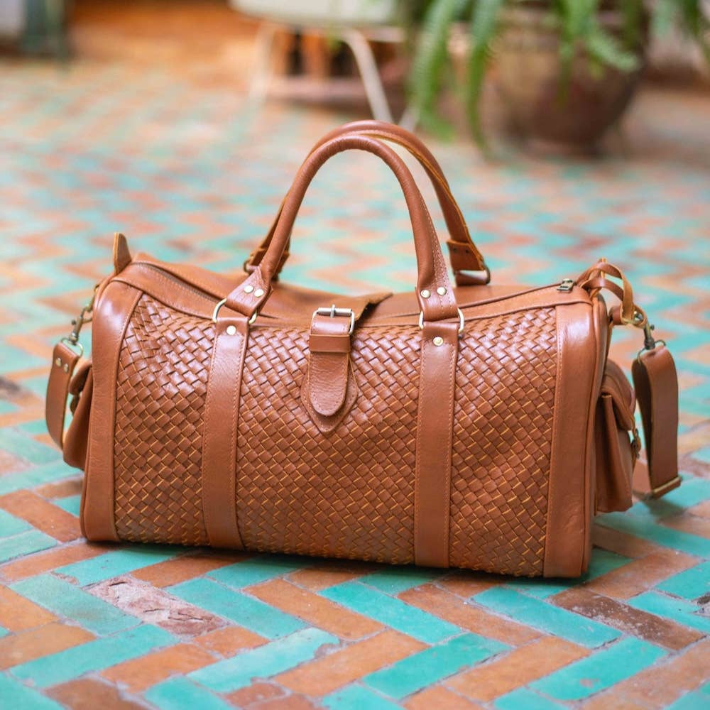 Woven Leather Weekender Duffel Bag