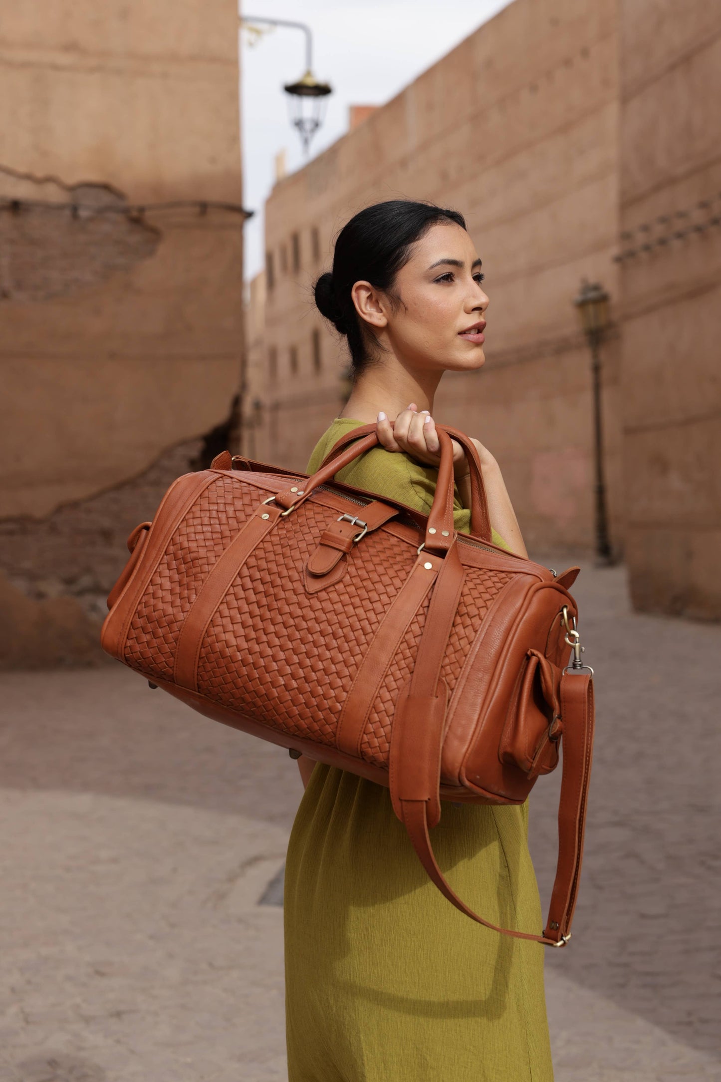 Woven Leather Weekender Duffel Bag