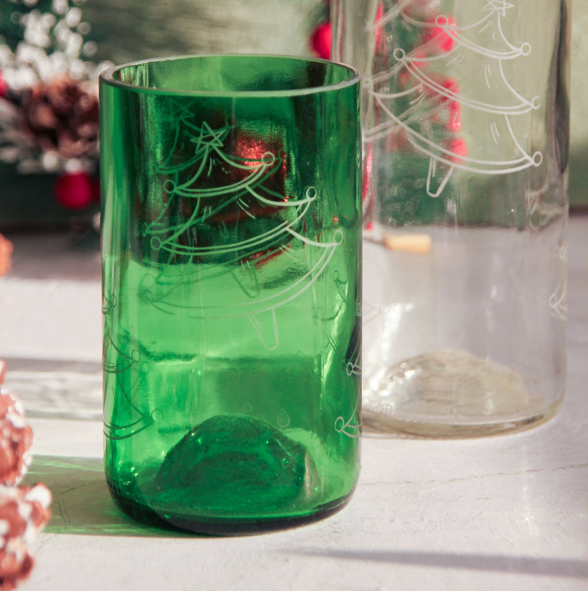Dancing Trees Upcycled Drinking Glasses 2 Pack - 12 Oz. Green