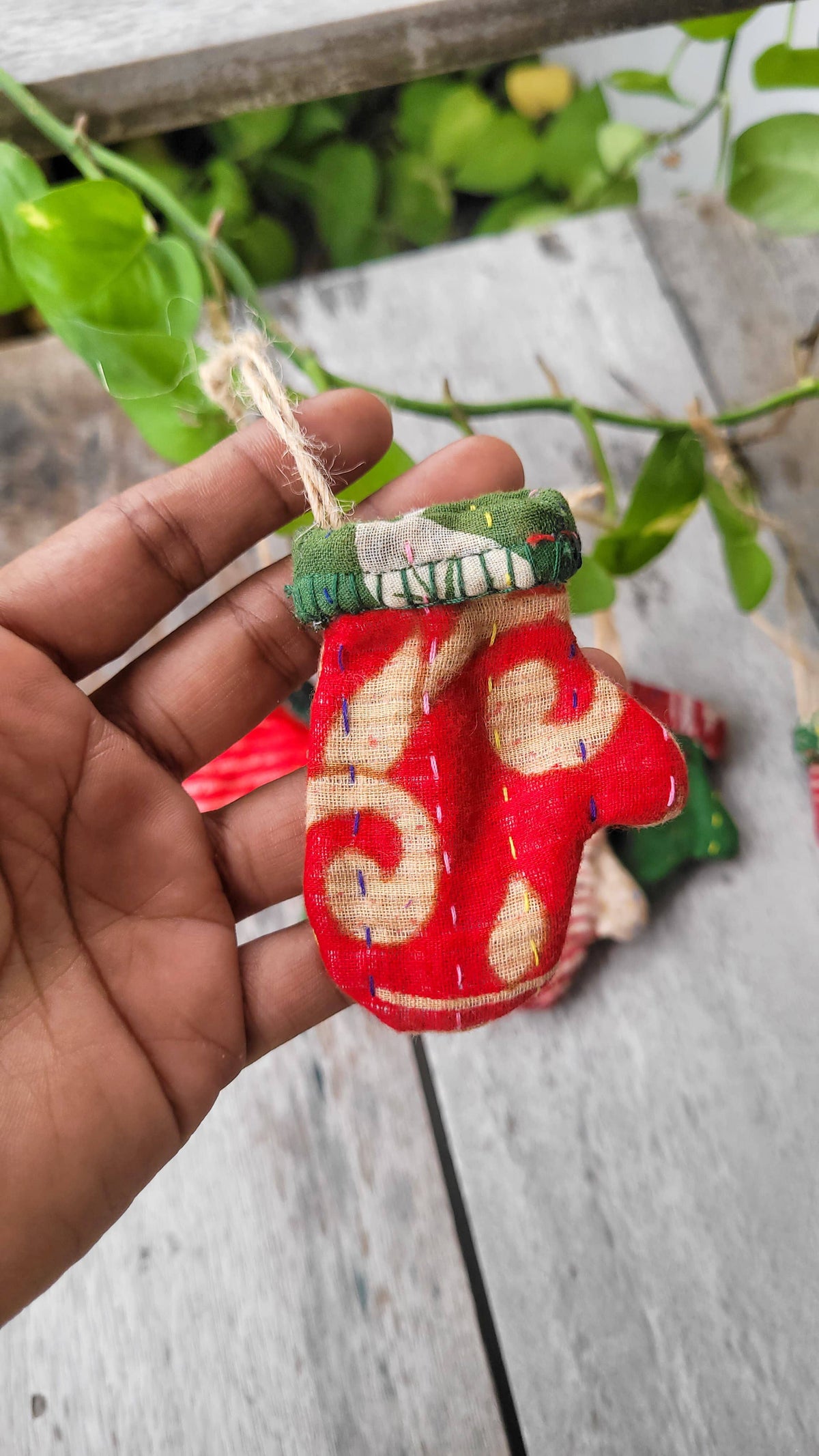 Mini Kantha Mitten Christmas Ornament
