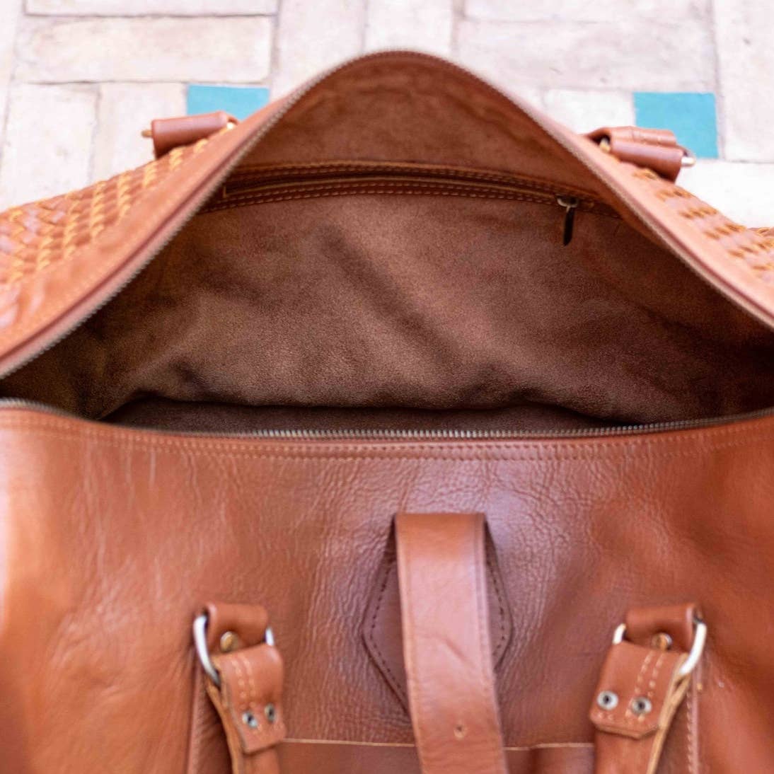 Woven Leather Weekender Duffel Bag