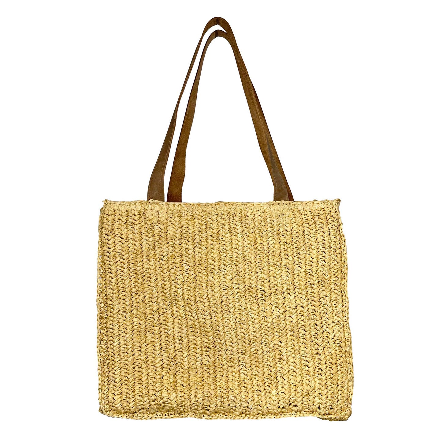 Large Raffia Box Tote with Leather Handles